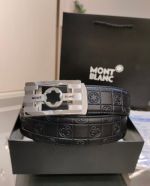 Buy Replica - Montblanc  Black Leather Belt with Silver Logo Buckle Unique Design Buckle  3.4cm